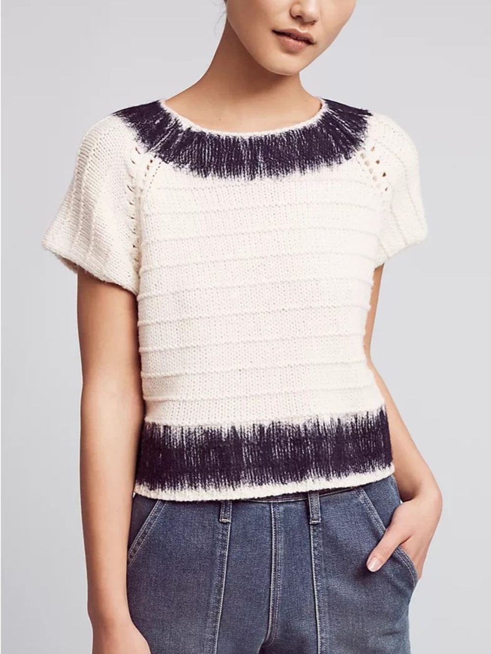 Anthropology Ivory Short-Sleeve Fringe Trim Sweater